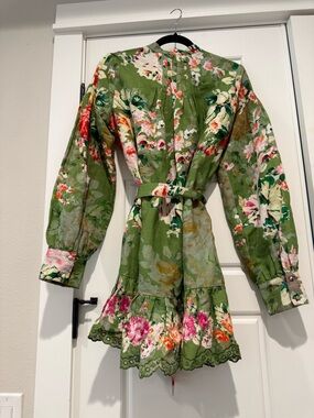 HEMANT & NANDITA Olive Green Floral Tie-Waist Mini Dress